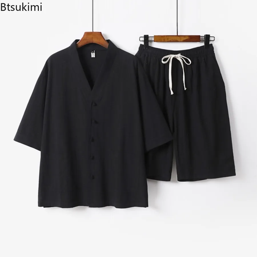 Chinese Style Men's Summer Thin Cotton and Linen Set V-neck Short Sleeved Shorts Two-piece Set for Men Retro Casual Tang Suit