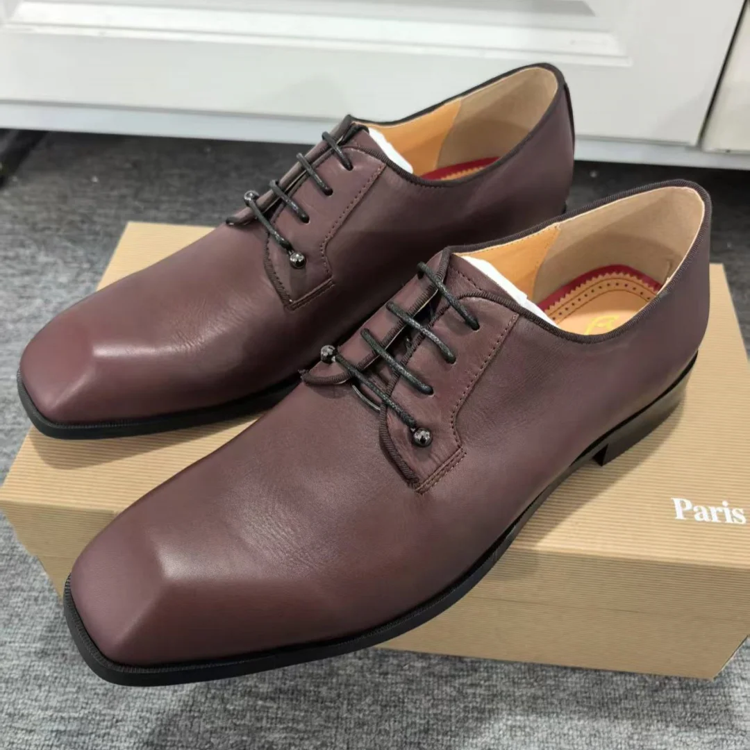 

Formal Shoe Men Business Suit Elegant Office Gentleman Loafers New Square Toe Brown Leather Lace-Up Men's Shoes Chunky Low Heels