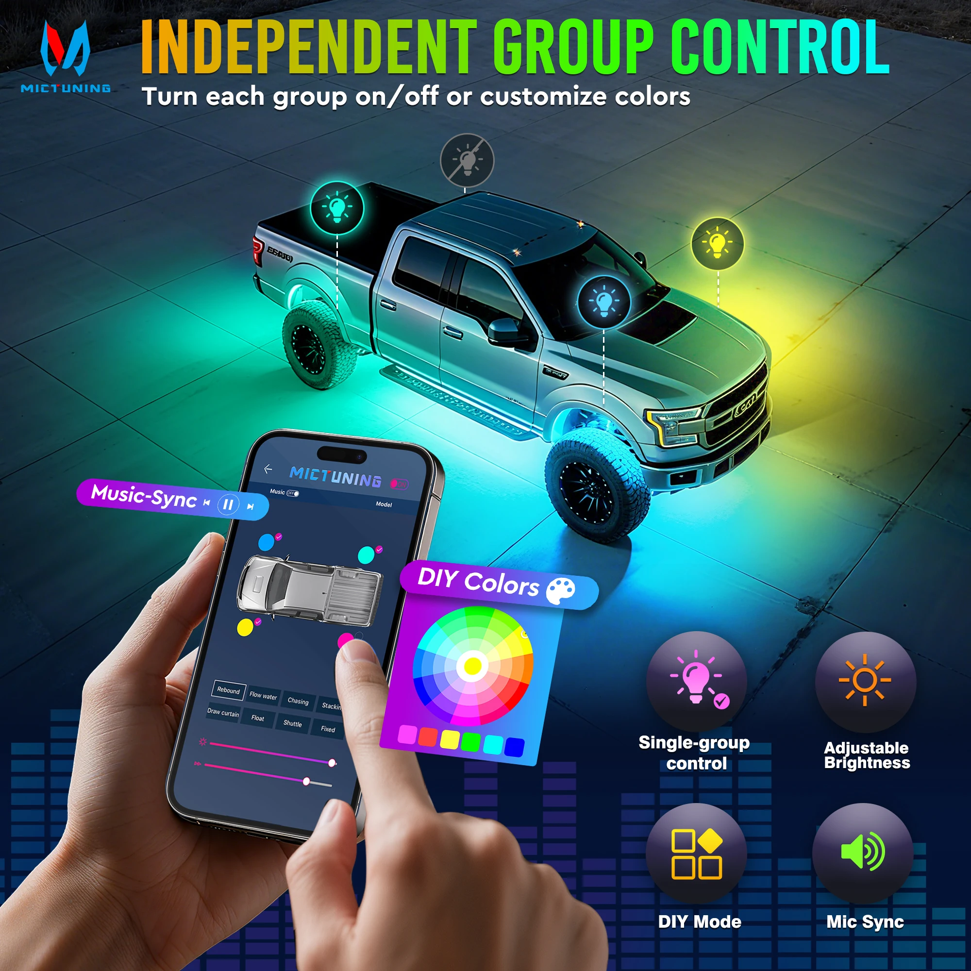 MICTUNING Q2 MAX RGB+IC Rock Lights,12 Pods Multi-Color DIY Effect Underglow Neon Kit,Extensible Up to 20 Pods with APP Control