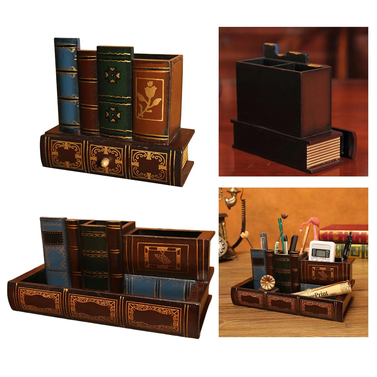 Retro Wooden Pen Holder Desk Organizer Case Storage Box Brush Art Supplies