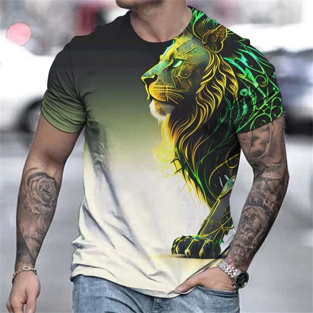 European American Summer New T-Shirts Men O-Neck Streetwear Trend Short Sleeve Lion Tiger Wolf 3D Printing Harajuku Casual Tops
