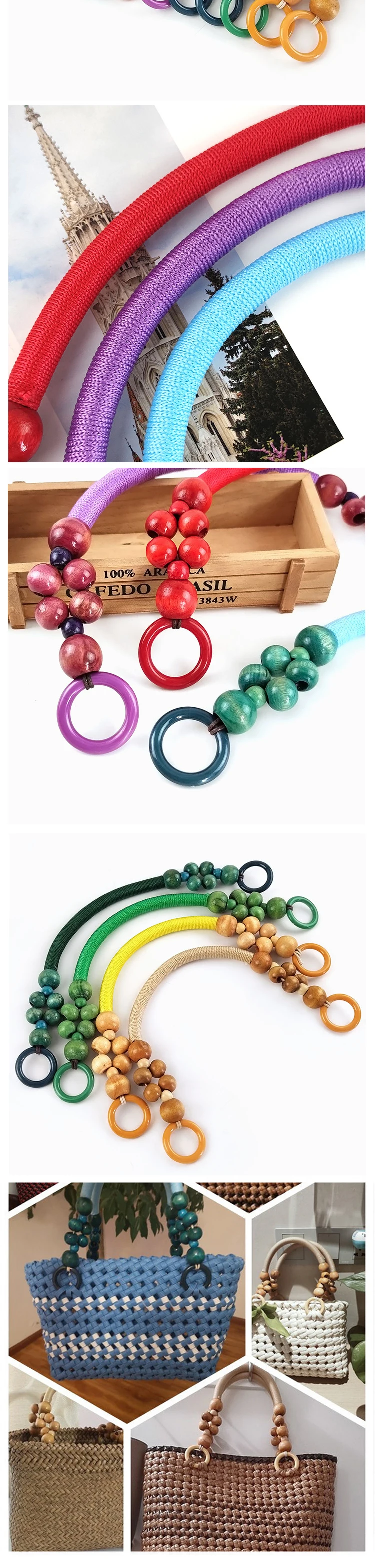 2/4Pcs 37/48cm Wooden Beaded Purse Frame Rope Wrapped Bag Handles for Crochet Beach Totes DIY Bags Making Replacement Supplies
