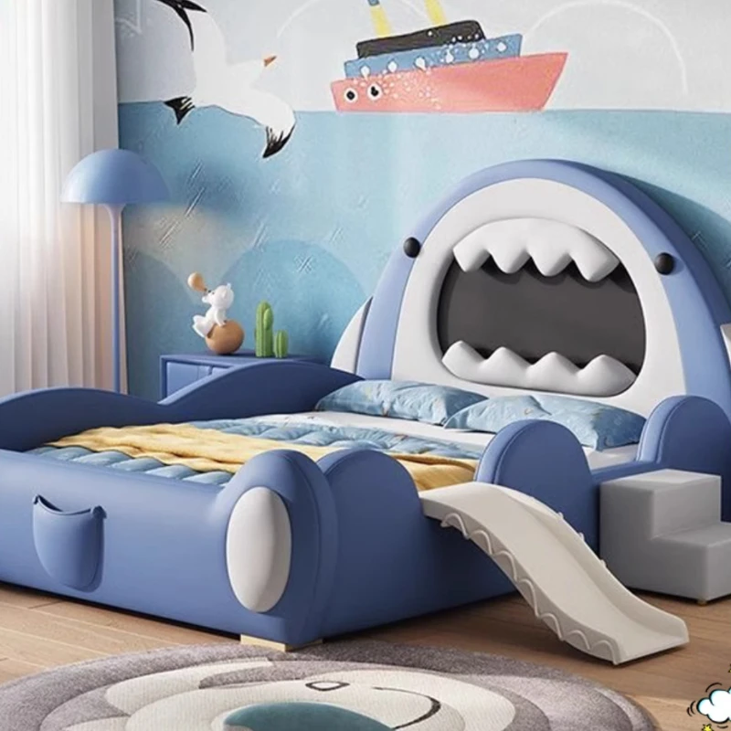 g*-135x200cm frame Headboard kids bed boy with guardrail slide adder single play on the slide cartoon king size bedroom