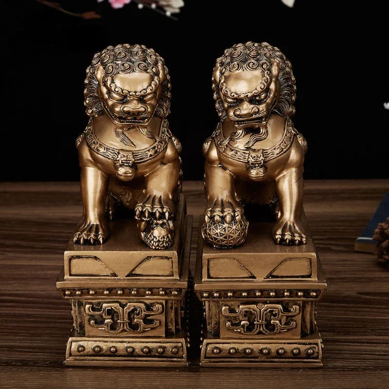 1pairs Chinese Style Lucky Lion Statue Resin Animals Statue Home Feng Shui Decor Crafts Home Office Retro  Decorative Statue