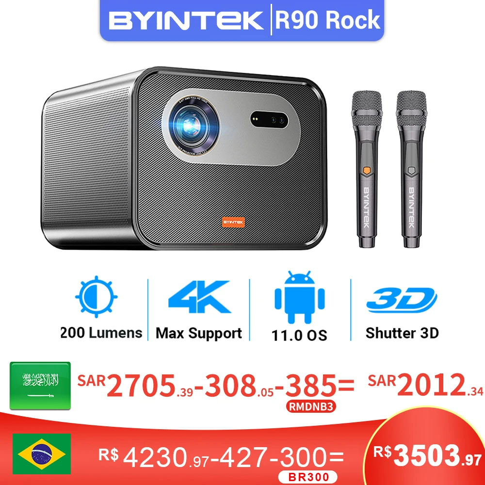 BYINTEK R90 Rock 풀 HD 1080P DLP 프로젝터 2200 ANSI 루멘 안드로이드 TV 11.0 3D 4K 지원 스마트 홈 시어터 프로젝터