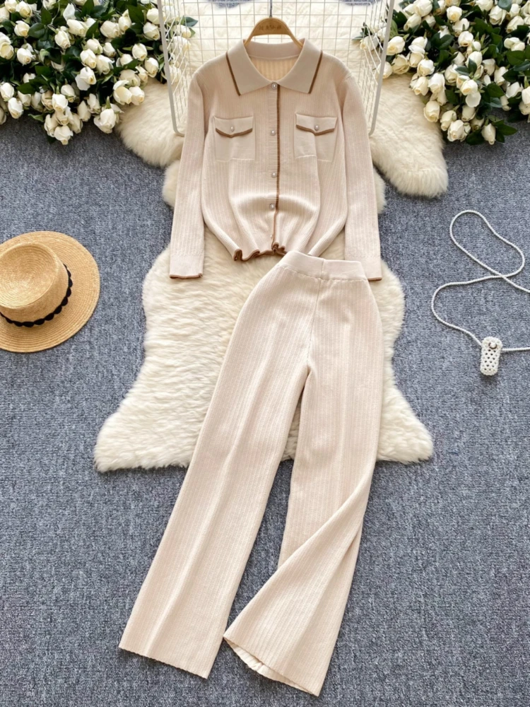 French Retro Knitted Two Piece Sets Women Lapel Long Sleeve Knitted Shirt Top+high Waist Casual Wide Leg Straight Leg Pant Suits