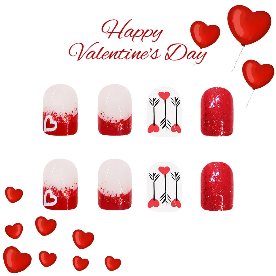 24 Pcs Short Square Press on Nails Acrylic 2025 New Valentine's Day Nail Tip for Girls Cheap Red Glitter Pink Heart Fake Nails