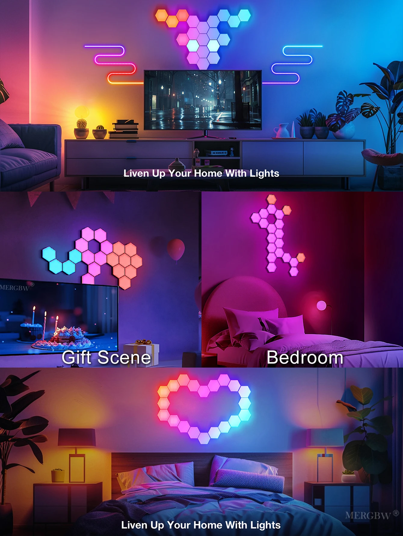 RGB Intelligent Hexagonal Wall Lamp Color Changing Ambient Night Light Hexagona Shape MeRGBW APP DIY Music Sync Game Room Home