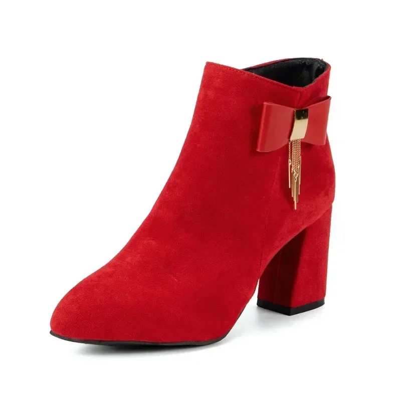 Stivaletti da donna 2024 inverno nuovi stivali da donna in pelle scamosciata rossa comodi tacchi alti con plateau grosso scarpe eleganti da donna