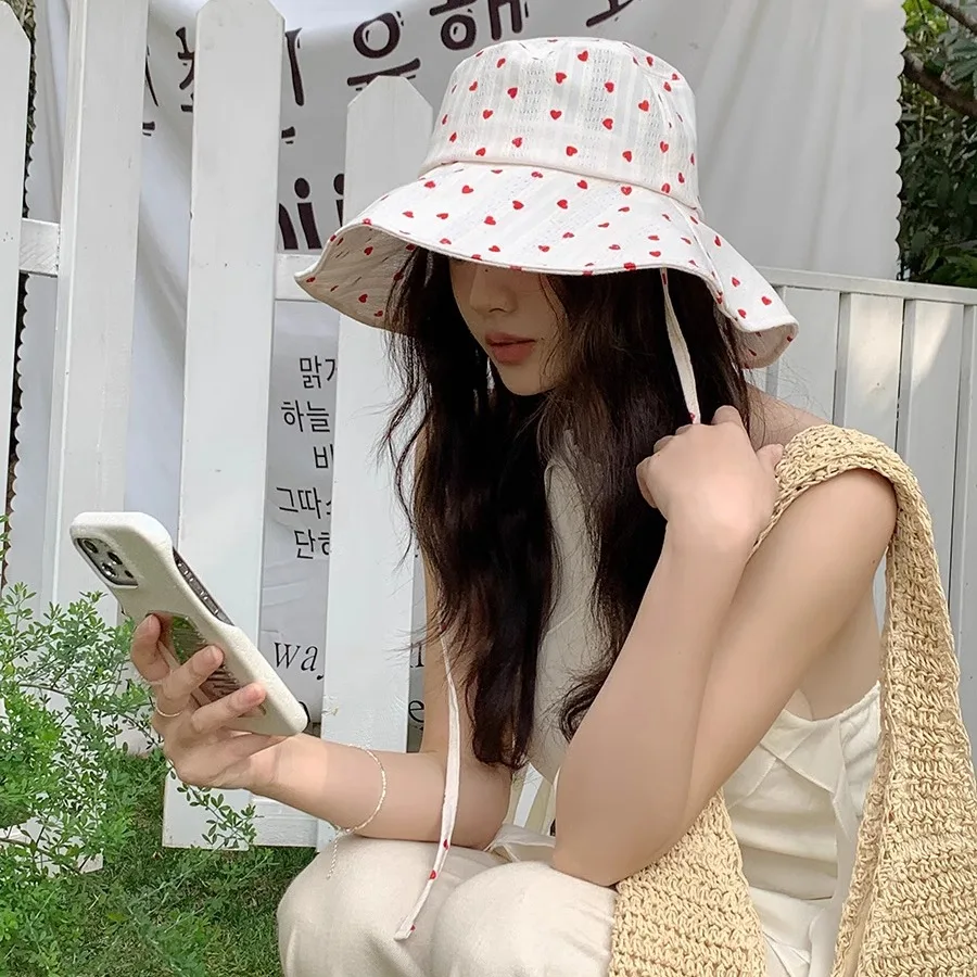 Women's Summer Cap Cute Style Heart Tied Fisherman's Hat Thin Breathable Sun Protective Hat Make Face Look Smaller New Beach Hat