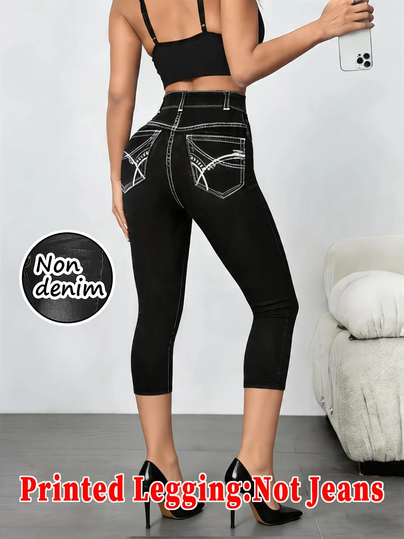 Printed Leggings, Not Denim Fabric, Fake Pocket & Button Print Capri Pants, High‑Stretch New Fashion Skinny Pants