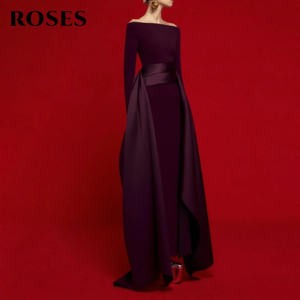 

ROSES Burgundy Prom Dress Off the Shoulder Full Sleeve Gala Dress with Pleats Satin Saudi Arabic Evening Party Gown Customized