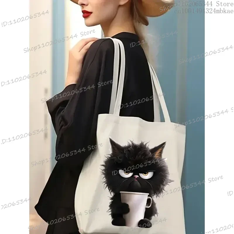 Bolsa de ombro de lona feminina café gato preto impressão grande capacidade sacos de compras para senhora dos desenhos animados animal sacola de