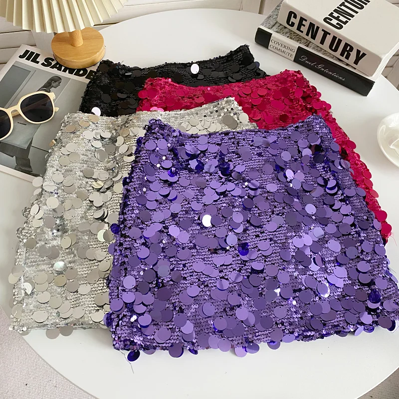 Luxury Champagne Sequin Mini Skirts For Women Fashion Sexy Shiny High Waist Aline Skirt Purple Glitter Evening Party Club Female