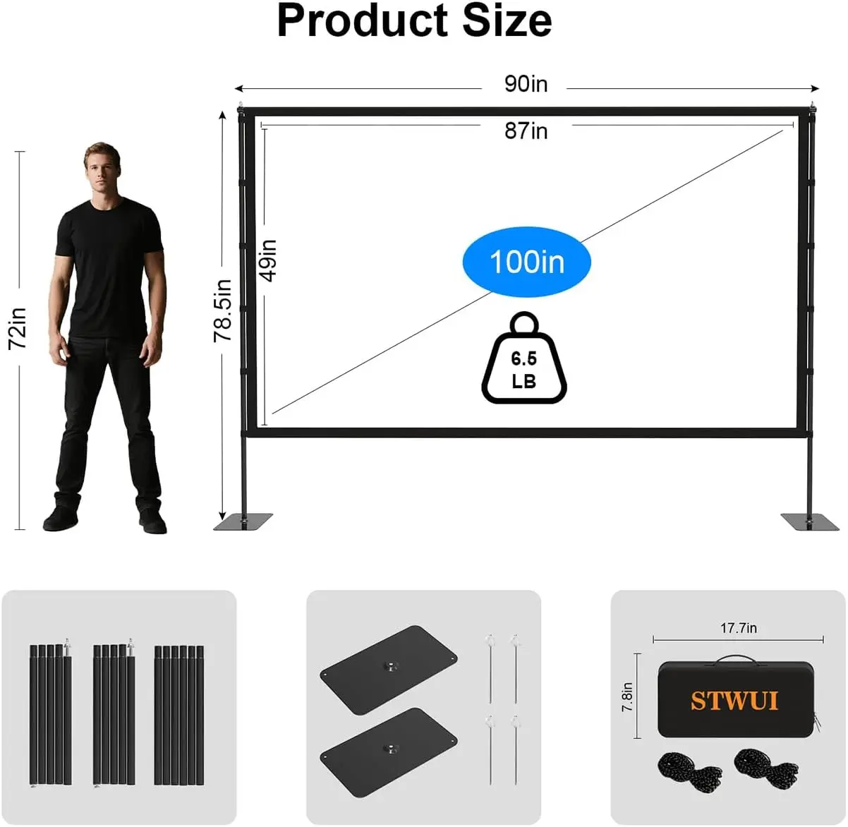 100 Inch Portable Projector Screen 16:9 4K HD with Stand & Carry Bag