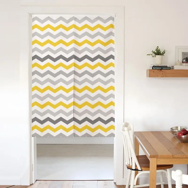 VIKAMA Yellow Grey Chevron Door Curtain White Zigzag Stripe Geometric Pattern Minimalist Nordic Linen Noren Bedroom Kitchen Soft