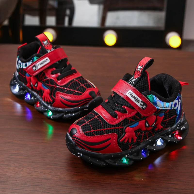 Disney Children\'s Led Light Sneakers Fashion Aoger Spiderman Boys Sport Shoes Cartoon Casual Shoes Breathable Outdoor Shoes