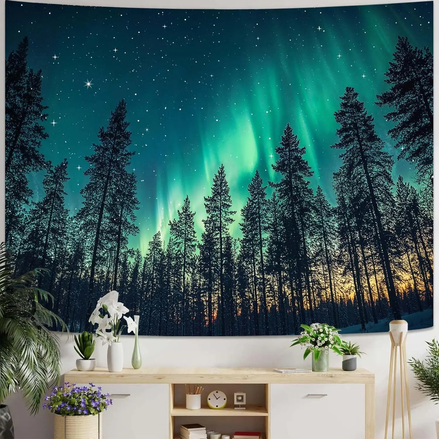 Aurora Borealis Tapestry Pine Forest Green Northern Lights Tapestry Galaxy Starry Night Wall Hanging Nature Landscape Tapestries