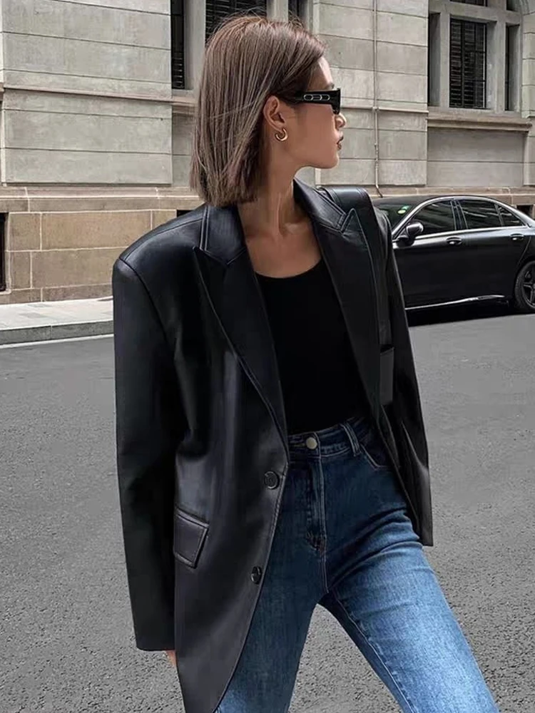 Vintage Loose Leather Moto Jacket Women Black Korean Faux Leather Biker Coats Female Single Breasted Blazers Fashion Streetwear