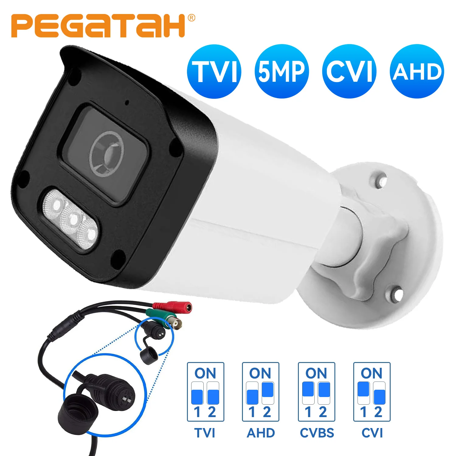 PEGATAH AHD/TVI 5MP Outdoor IP Camera CVI 4MP CVBS 960H 4-in-1 Infrared CCTV Cam with DIP Switch, 3.6mm Lens, IP66 Waterproof