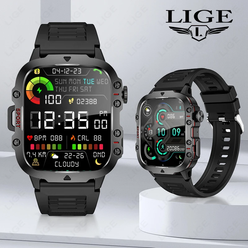 

LIGE Men Smartwatch lP68 Waterproof 1.96-inch HD Screen Outdoor Watches SOS Heart Rate Monitor Bluetooth Call Smartwatch 2025
