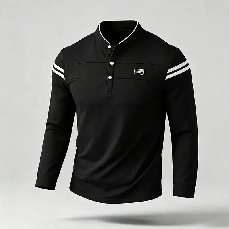 Male Stand Collar Polo Shirt Long Sleeve Striped Arm Detail For Outdoor Walking Weekend Hangout And Leisure Occasions