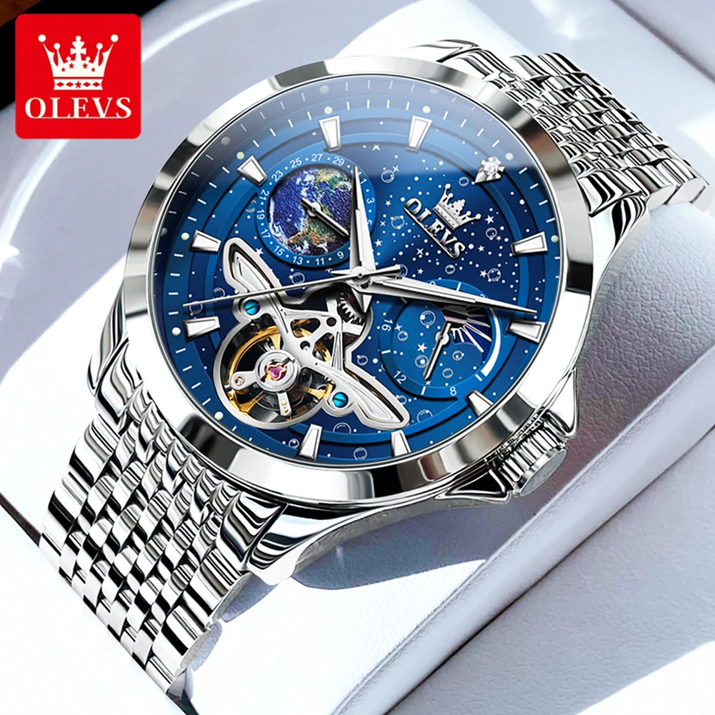 

OLEVS Tourbillon Men's Watch Luxury Brand Stainless Steel Waterproof Starry Sky Moon Phase dial Men's Automatic Mechanical Watch