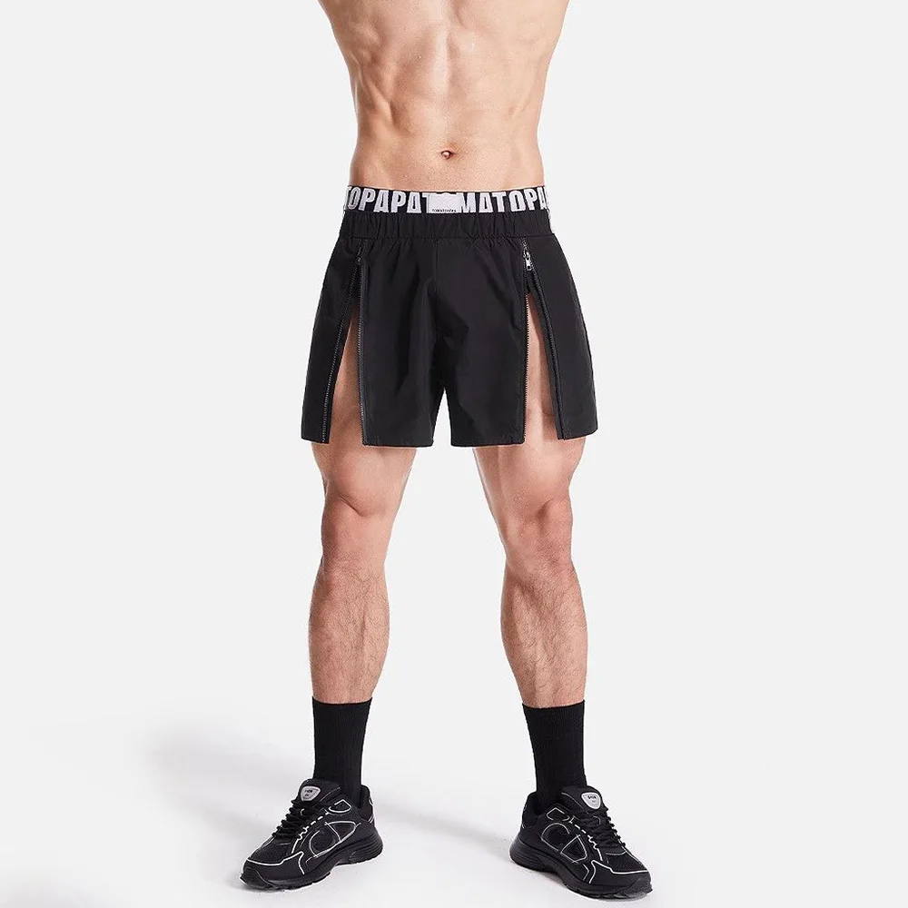 Calções esportivos de zíper duplo respirável masculino, slim fit, calças de treino de ginástica de praia, elástico, verão, 2024