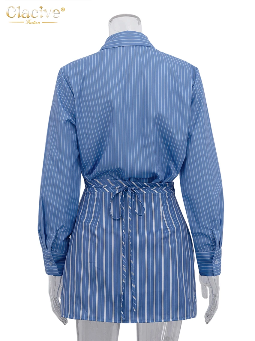 Clacive Fashion Loose Stripe Print Woman 2 Piece Set Outfit Elegant Long Sleeve Shirt With High Waist Mini Skirt Set Female image 4