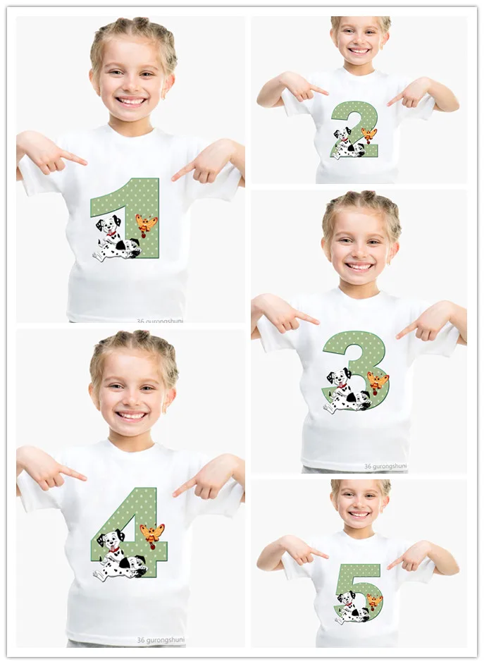 

New Hot Sale Girls T-Shirt Cute Dog And Little Bee Birthday 1-9th Number Print For Kids Birthday Gift Tshirt Funny Kids T Shirts