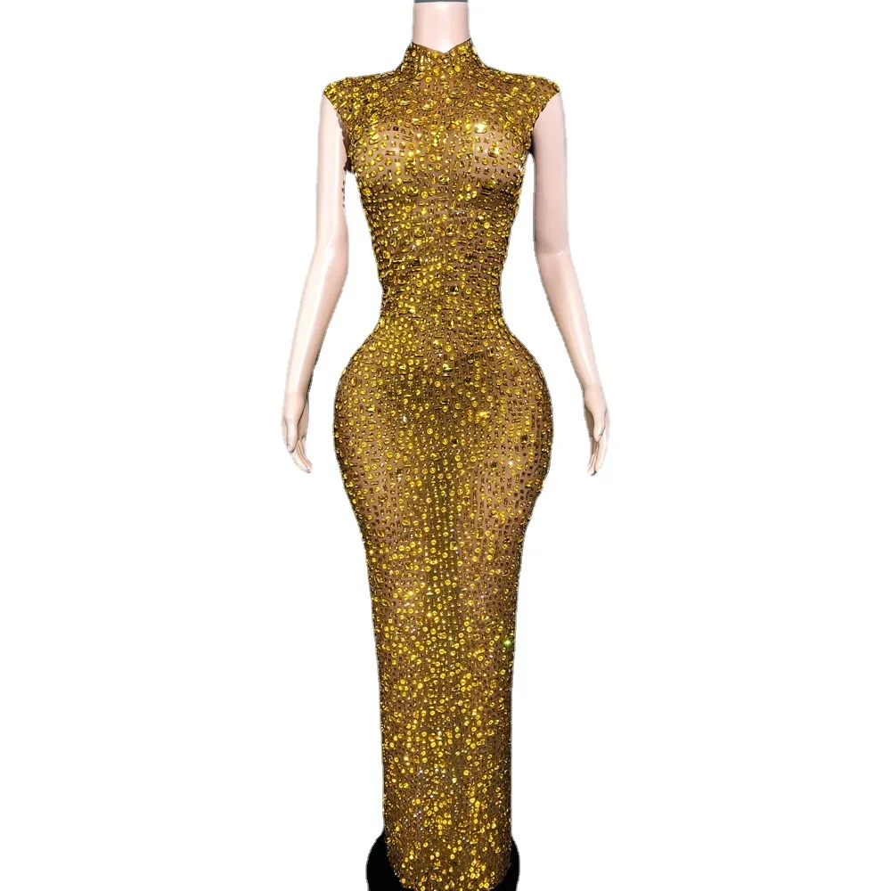 

Luxurious Gold Rhinestones Sleeveless Long Dress Women Sexy Mesh See Through Celebrate Evening Prom Birthday Dress Photo Shoot