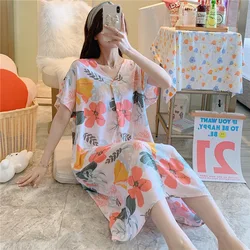 Summer Printed Night Dress Women Short Sleeve Cartoon Loose Cotton Sleepwear Lingerie Cute Nightdress Thin Home Wear Clothes