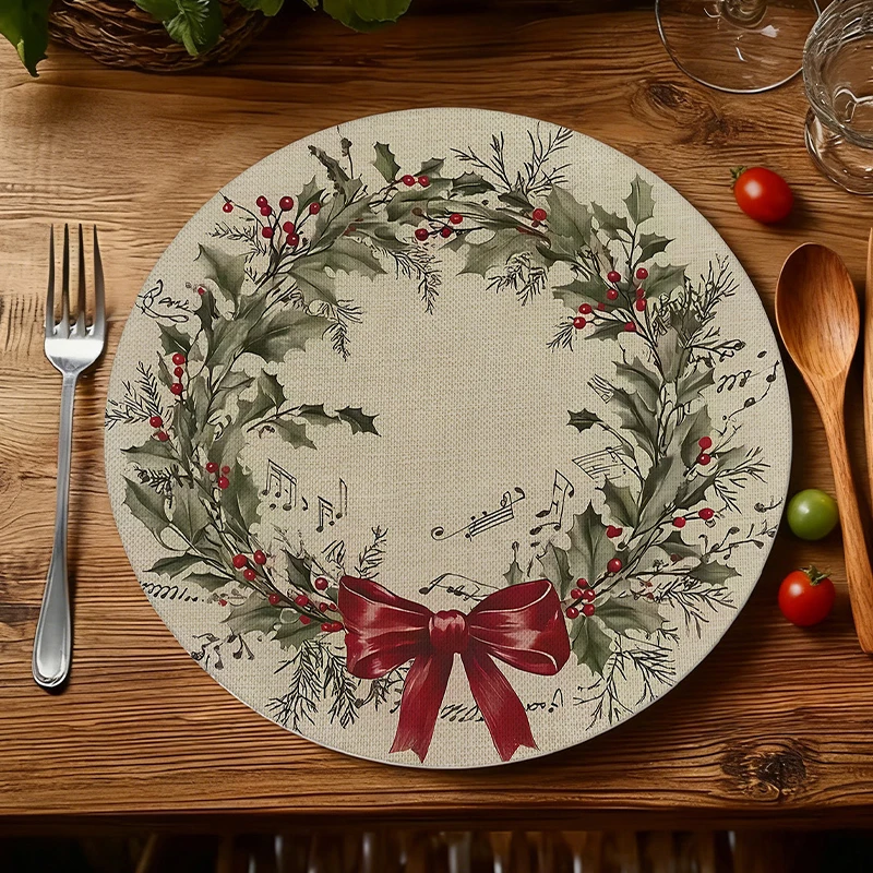Round Christmas Placemat, Merry Christmas Table Mat Fabric Heat Resistant Table Pad New Year Dining Napkin Festive Table Decor
