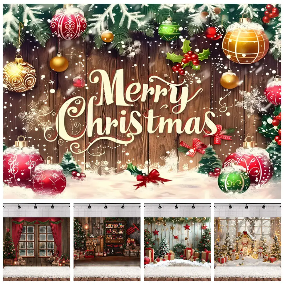 Merry Christmas Wooden Board Photography Background Rustic Wood Wall Xmas Tree Bell Christmas Decoration Family Party Backdrop
