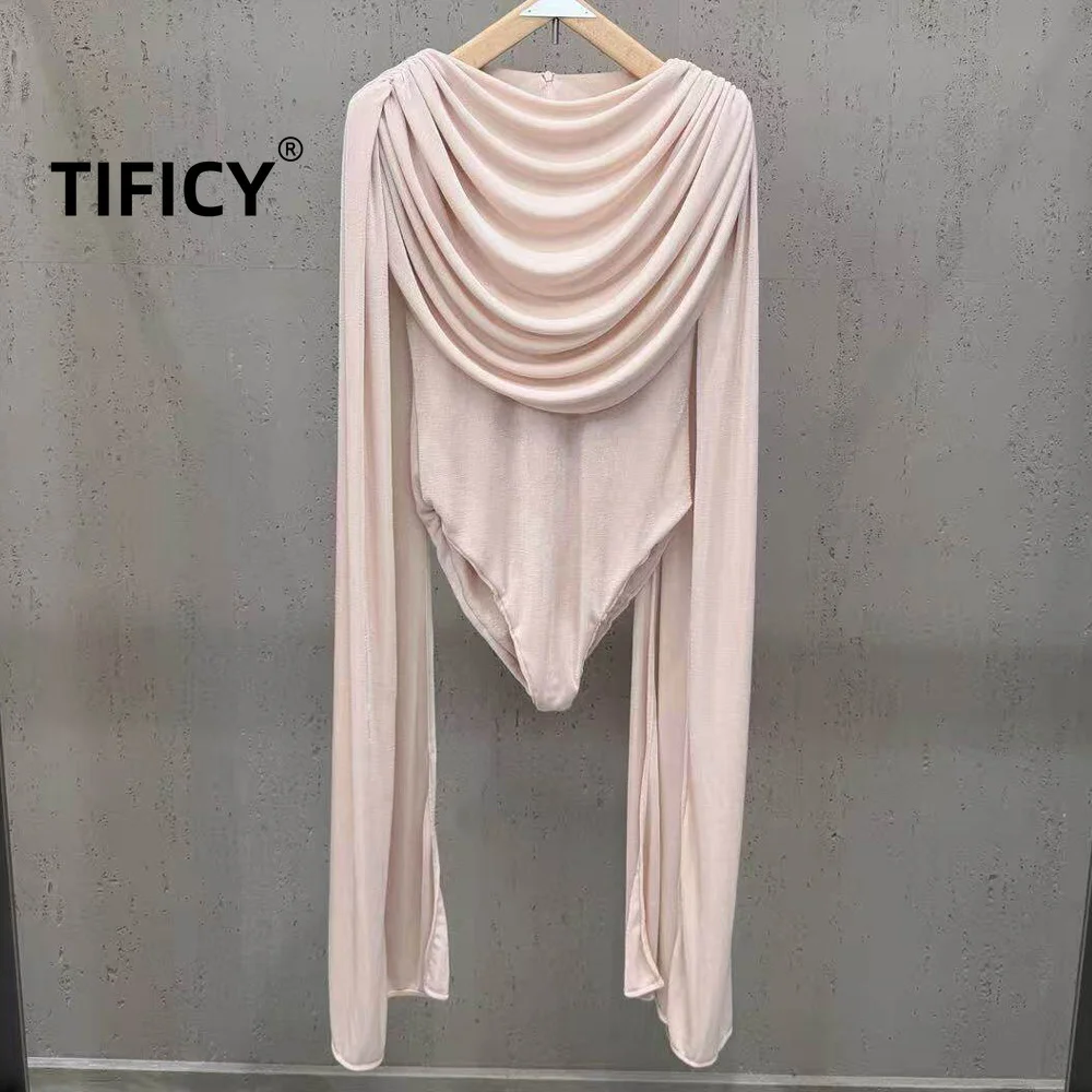 High Street Tops & Tees Women's Minimalist Style Pleated Sloping Shoulder Long Sleeved Bodysuit Top with Cinched Waist Effect