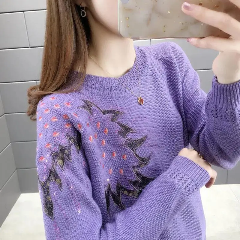 New Loose Spring and Autumn Women\'s 2024 Splicing Hollow O-Neck Fashion Embroidery Knitted Versatile Casual Long Sleeve Tops