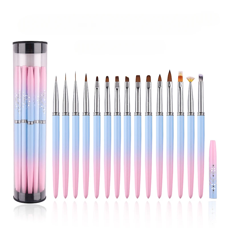 Pink Blue Drawing Pen UV Gel Nail Polish Extension Builder Nails Art Liner Brushes 15pcs Painting Nail Brushes Manicure Tools