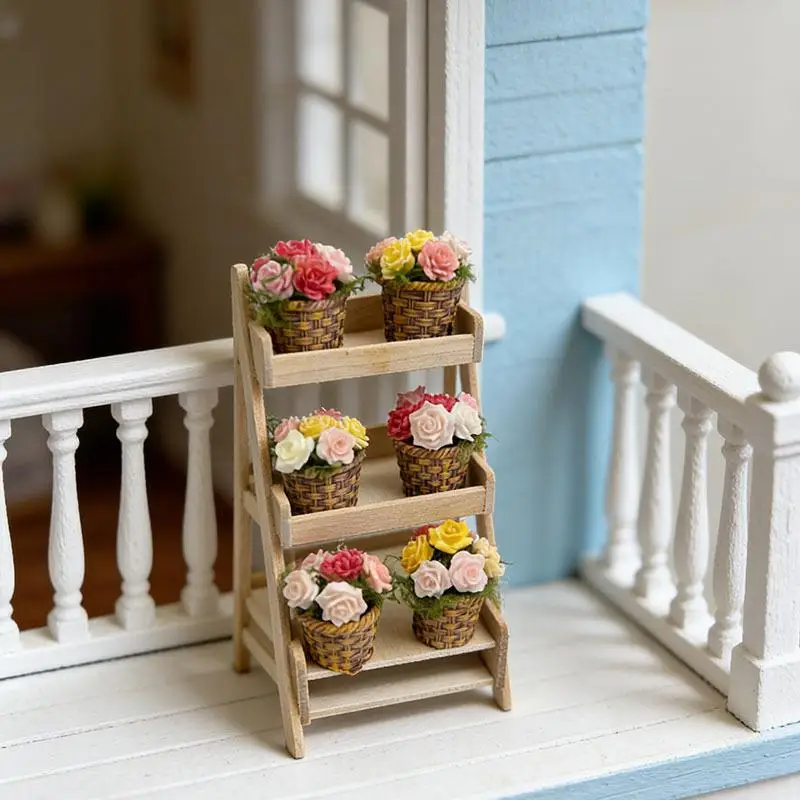 Mini Potted Flowers Artificial Small Pot Basket Set 6Pcs Bonsai for Fairy Garden Dollhouse Scene