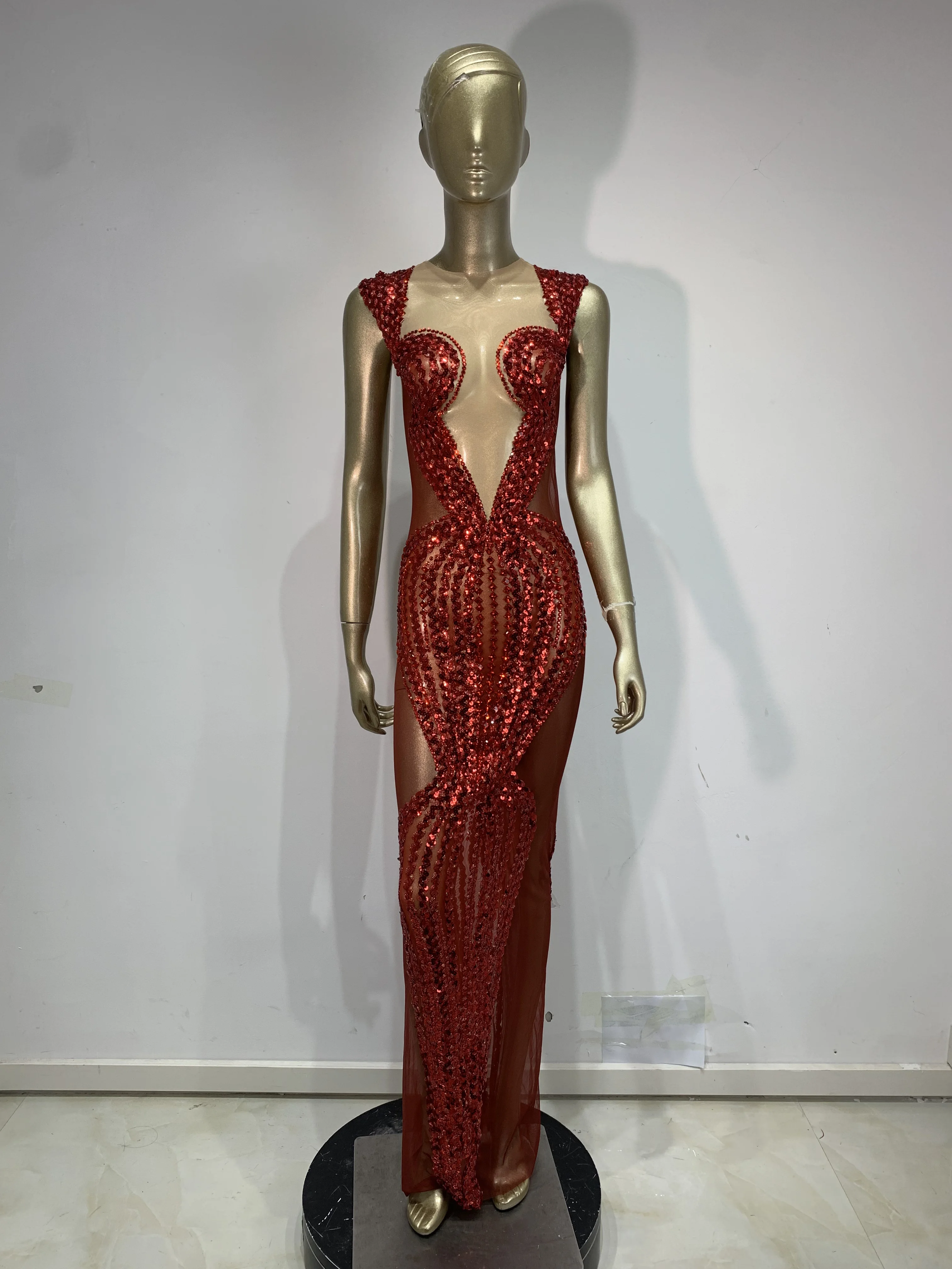 

Сверкающее красное платье с пайетками, сексуальное, из сетки, прозрачное, длинное, для женщин, для вечеринок, дней рождения, фотосессий, сценическое платье