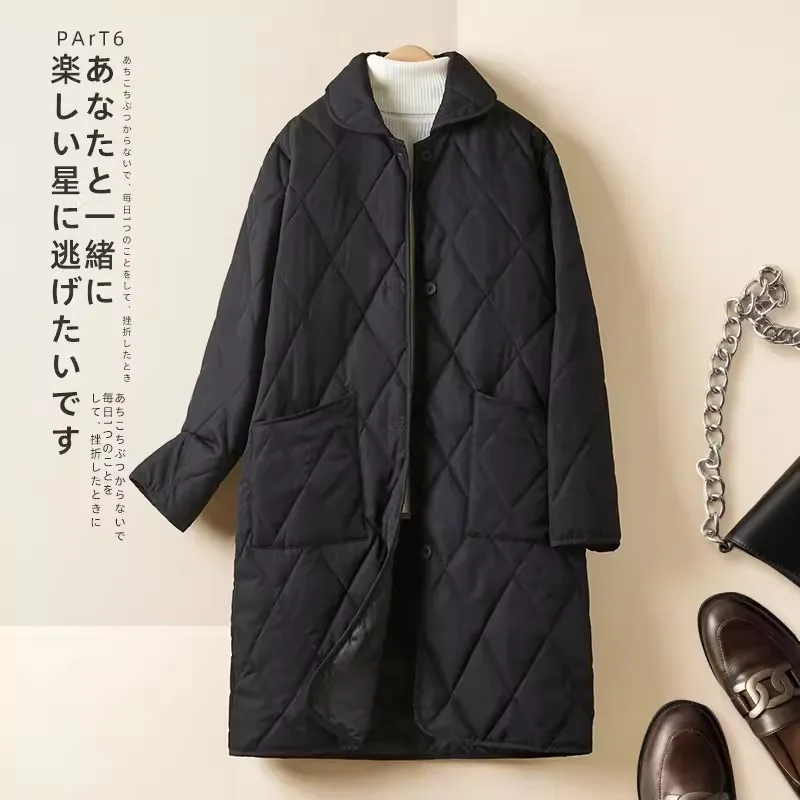 Vintage Literary Plaid Women Parkas 2024 New Autumn Light Weight Casual Loose Quilted Female Long Coat Warm Outwear Jackets