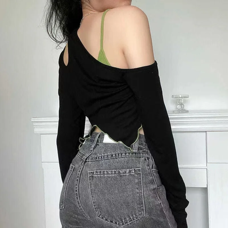 تي شيرت نسائي بأكمام طويلة Harajuku قوطي كبير الحجم من القطن الدانتيل Y2K جمالي ريترو سليم صالح مريح كاجوال أنيق أنيق