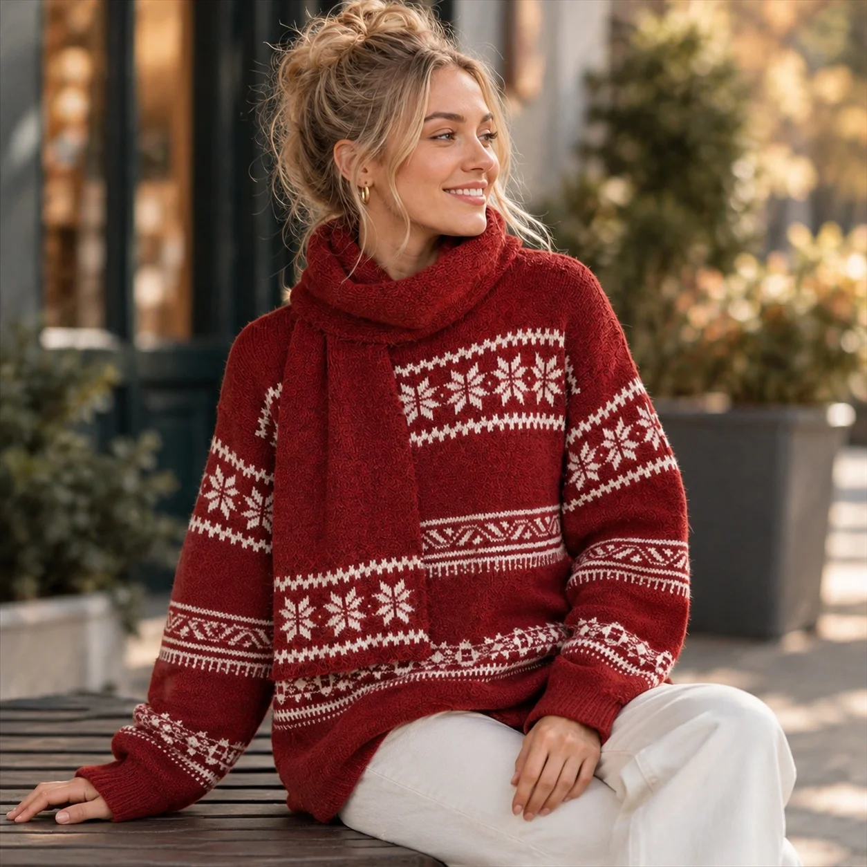 Long Sleeve Pullover Set Regular Length Casual with Standard Length Top and Matching Scarf Set Regular Fit Sweater Winter