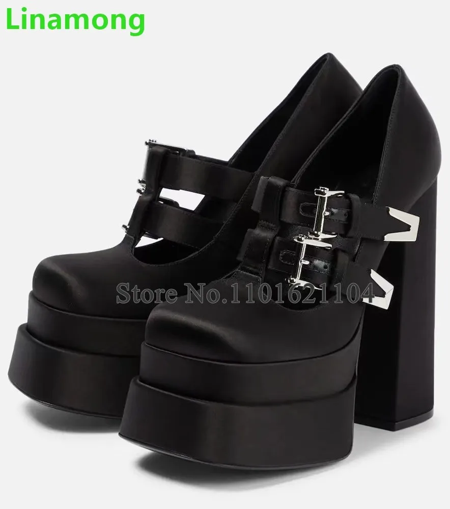 

Black Metal Buckle Design Square Heel Pumps For Female Women 2024 New Arrivals Platform Shallow Solid Elegant Party Dress Shoes