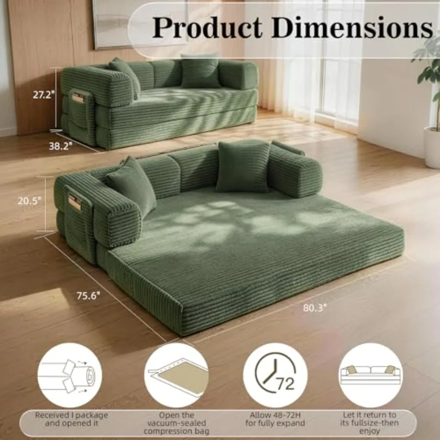 Futon Sofa Bed for living room use, corduroy fabric in beige, boneless design with pull-out sleeper function, day bed with stor