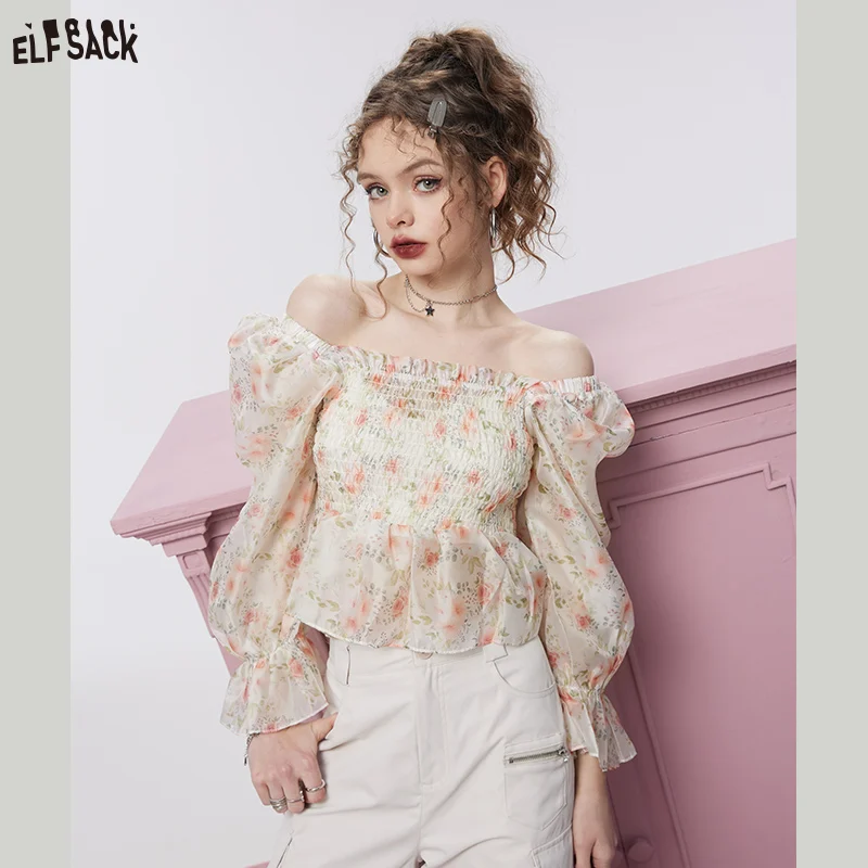 ELFSACK Short Floral Chiffon Blouses Women 2023 Spring Long Sleeve Basic Tops