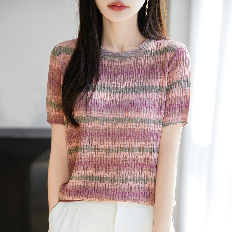 

Summer Women's T-shirt Casual Splicing Knitted Short Sleeve Loose Fashion O-neck Women's Top Soft Breathable Versatile Pullover