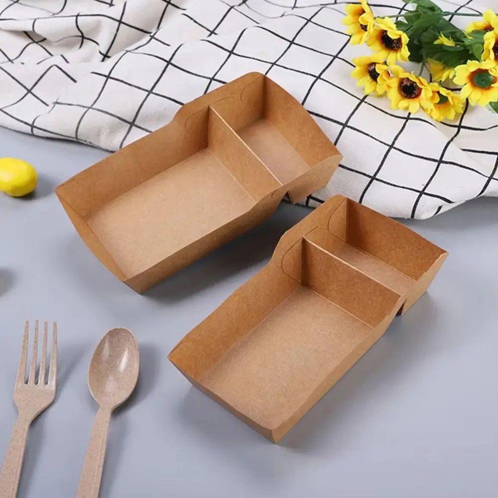50Pcs Two Grids Disposable Food Serving Tray 320/440/520ML Capacity Eco-Friendly Snack Fries Plate Oil-proof Heat Resistant