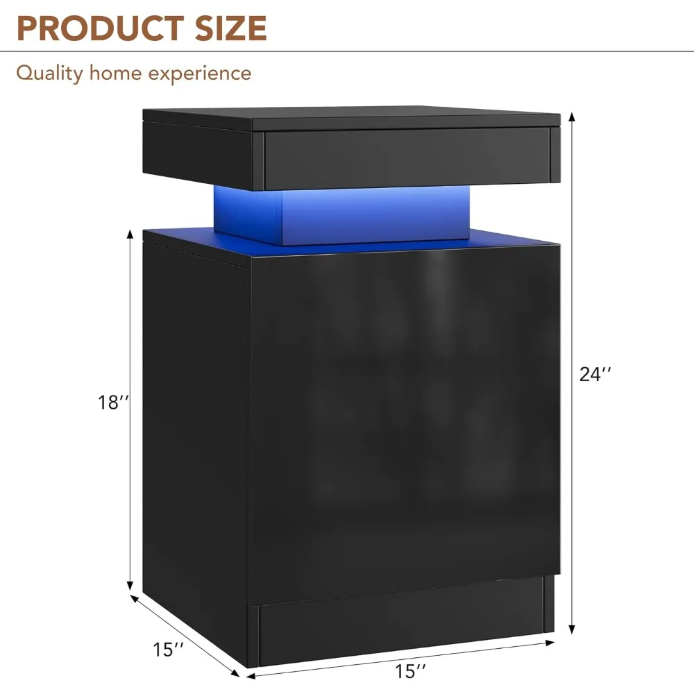 LED Nightstands Set of 2, 15 Inch Modern Bedside Tables with Storage, High Gloss Black for Bedroom