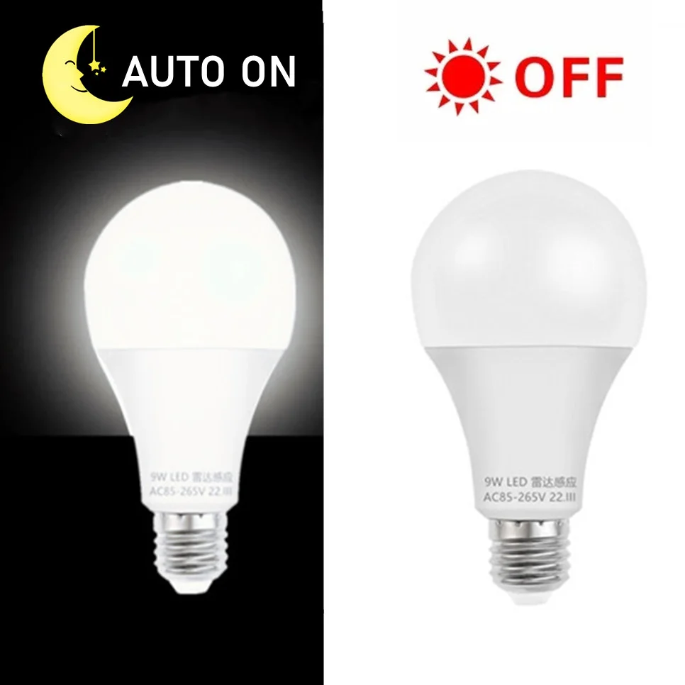 Ampoule sensible au radar LED, détection intelligente, lumière à capteur de mouvement, marche et arrêt automatiques, économie d'énergie, 5W, 7W, 9W, 12W, 85-265V, pleine puissance