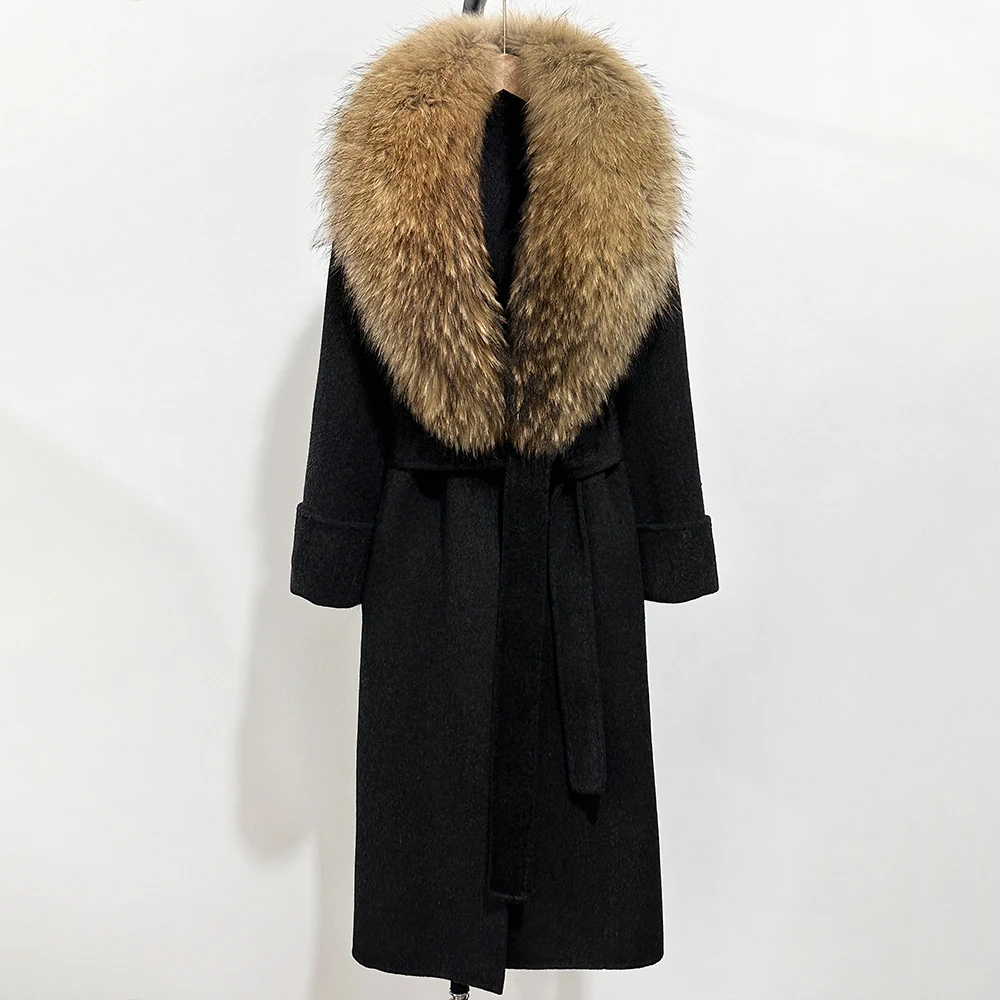 

Reality Fur Coat Cashmere Wool Jacket Female Autumn Wool Blend Women Woolen Coat Warm Real Fox Fur Collar Winter Double-sided